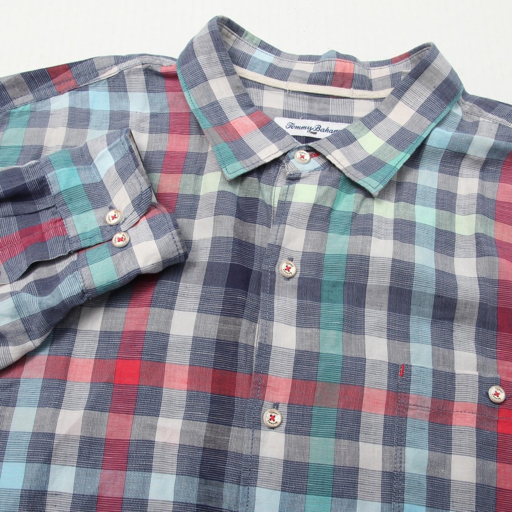 Tommy Bahama Shirt Mens 2XL Multicolor Plaid Linen Lyocell Long Sleeve Button Up